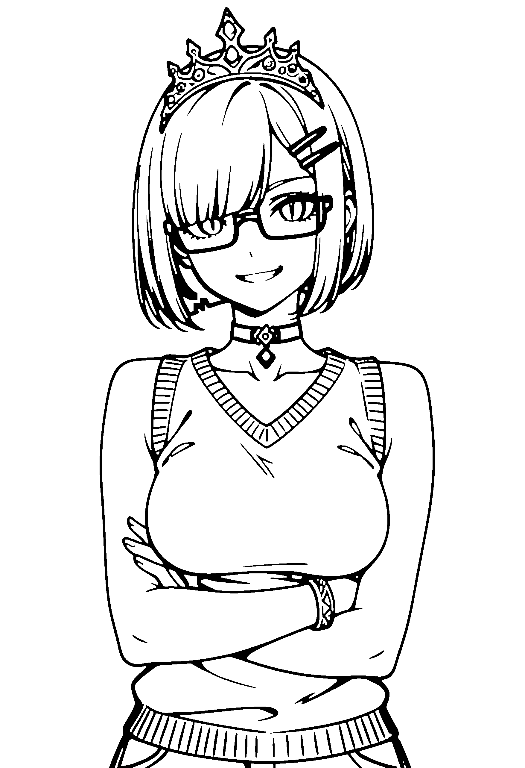 Black and white line art coloring page of an anime girl with bob cut, sweater vest, tiara, glasses, choker and grinning