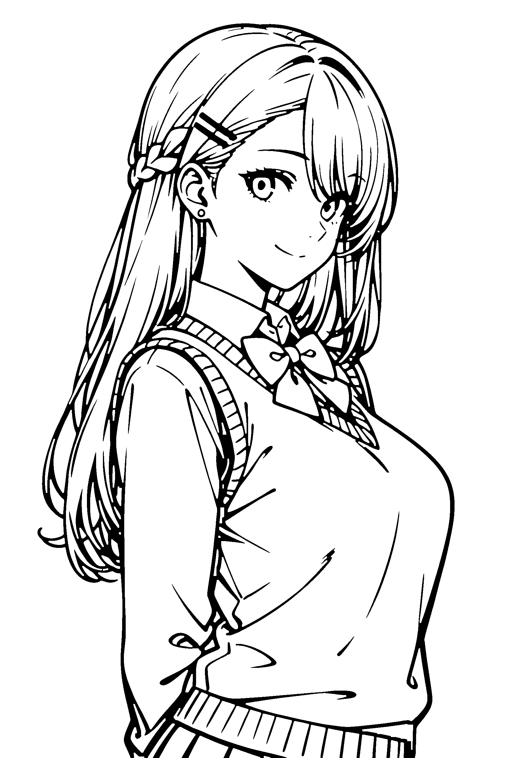 Black and white line art coloring page of an anime girl with long hair, braid, sweater vest, bow tie and smiling