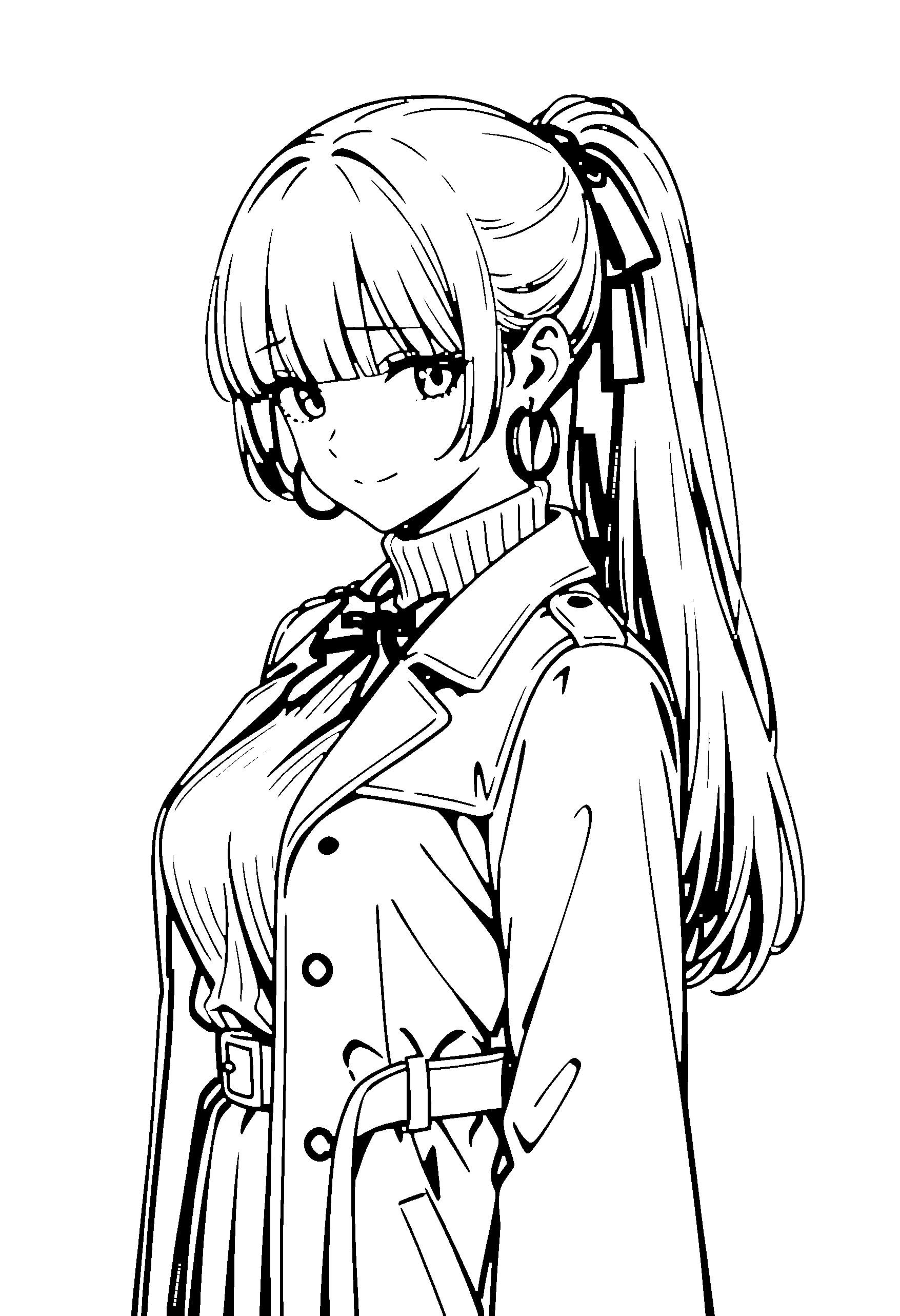 Black and white line art coloring page of an anime girl with long hair, ponytail, coat, bow tie and shy