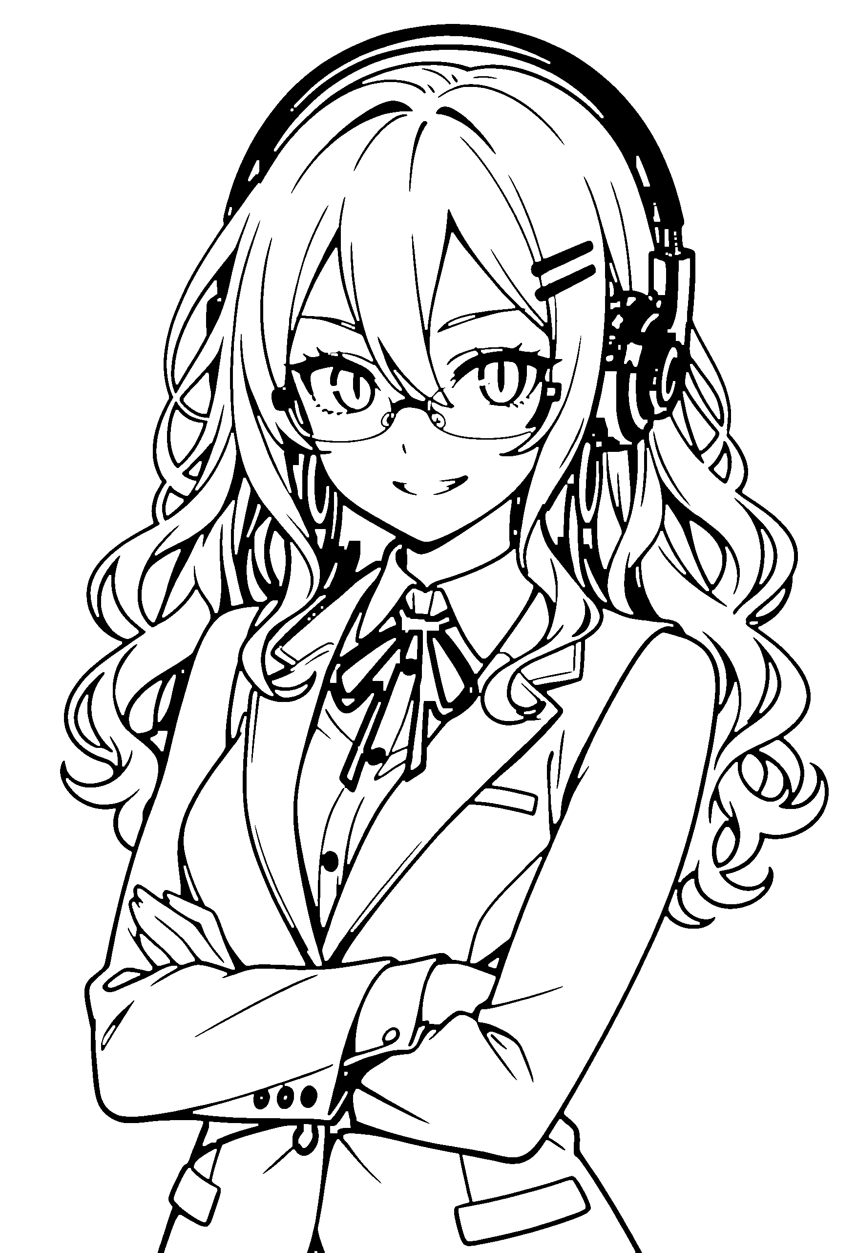 Black and white line art coloring page of an anime girl with long hair, wavy hair, shirt, headphones, glasses, ribbon and grinning