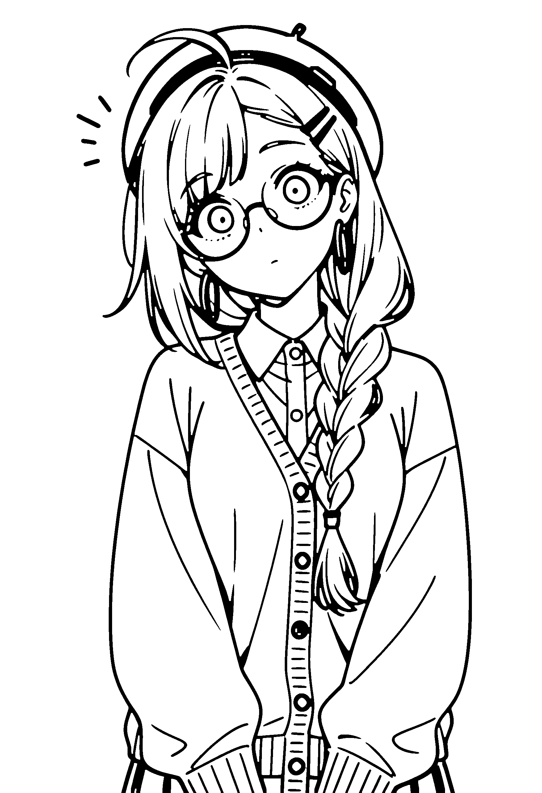 Black and white line art coloring page of an anime girl with long hair, braid, collared shirt, beret, glasses and surprised
