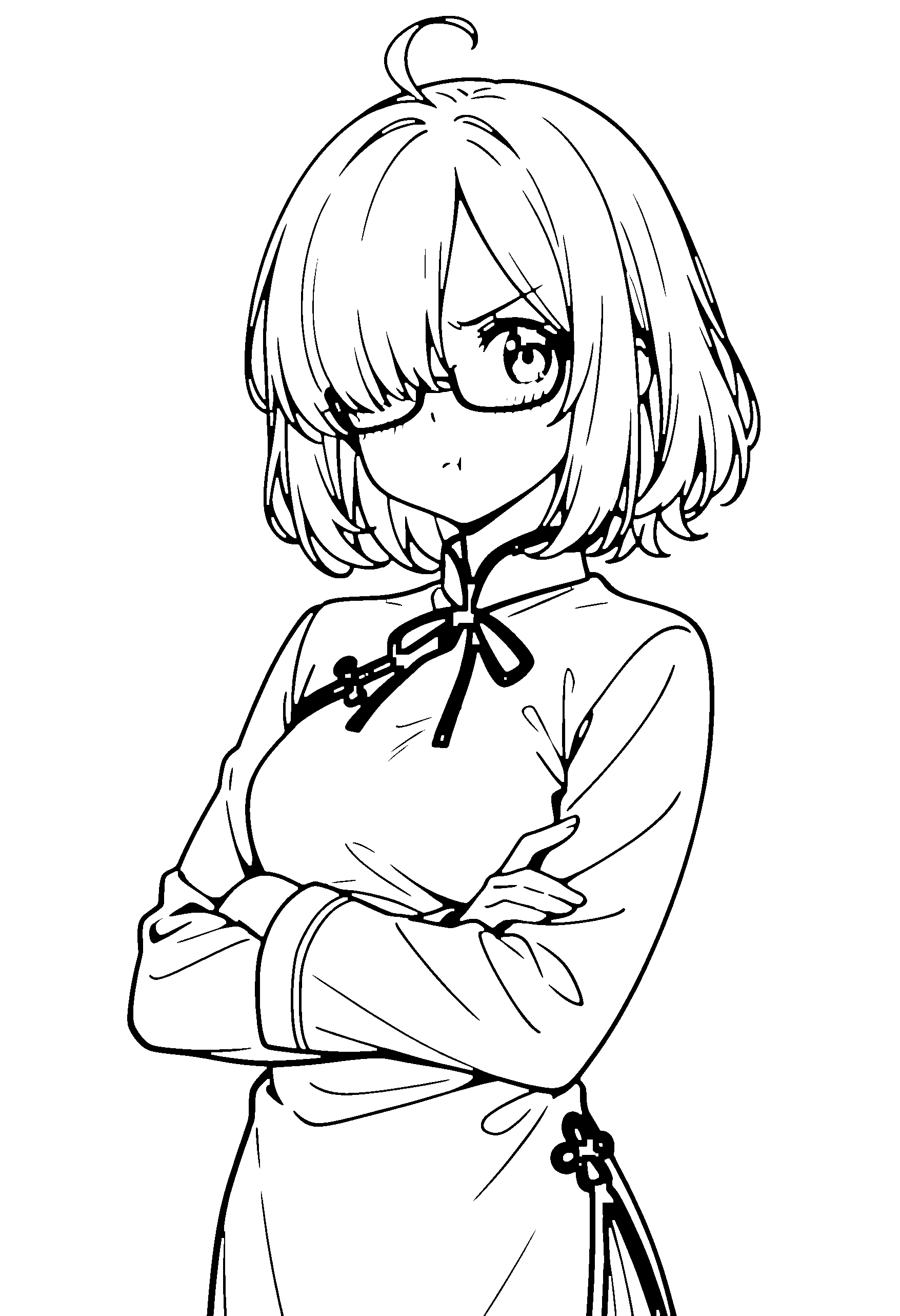 Black and white line art coloring page of an anime girl with medium hair, chinese dress, glasses, ribbon and frowning