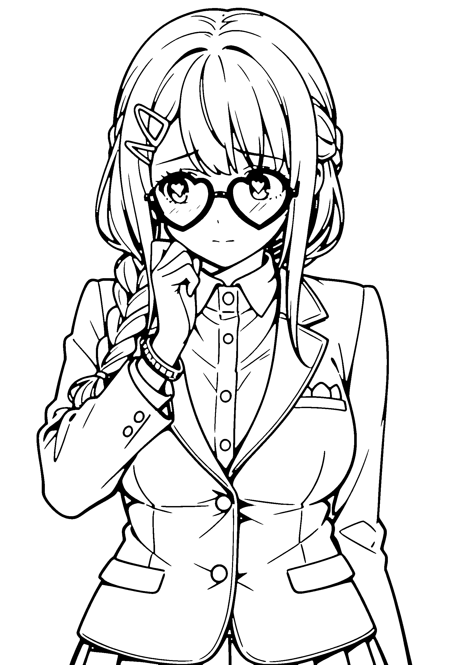Black and white line art coloring page of an anime girl with long hair, braid, collared shirt, glasses and shy