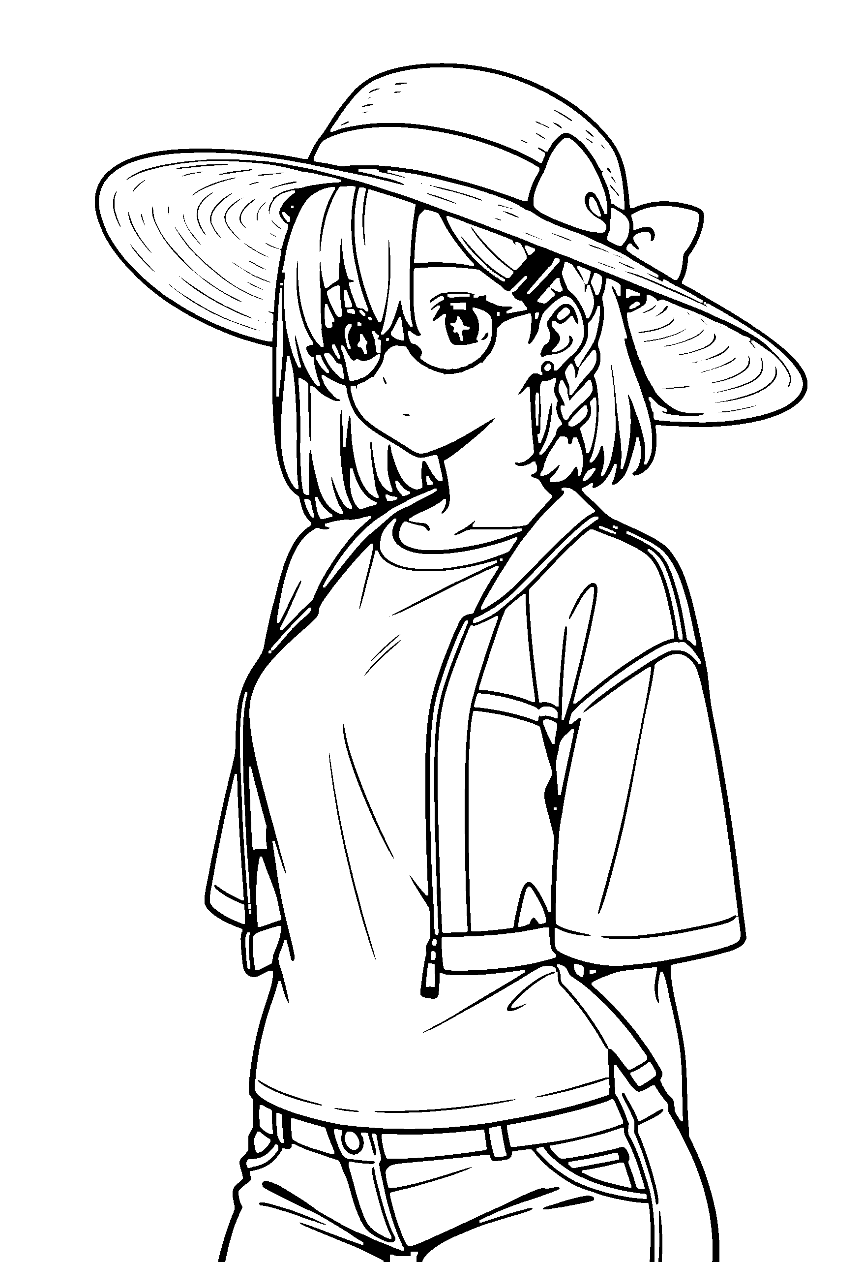 Black and white line art coloring page of an anime girl with medium hair, braid, jacket, sun hat, glasses and shy