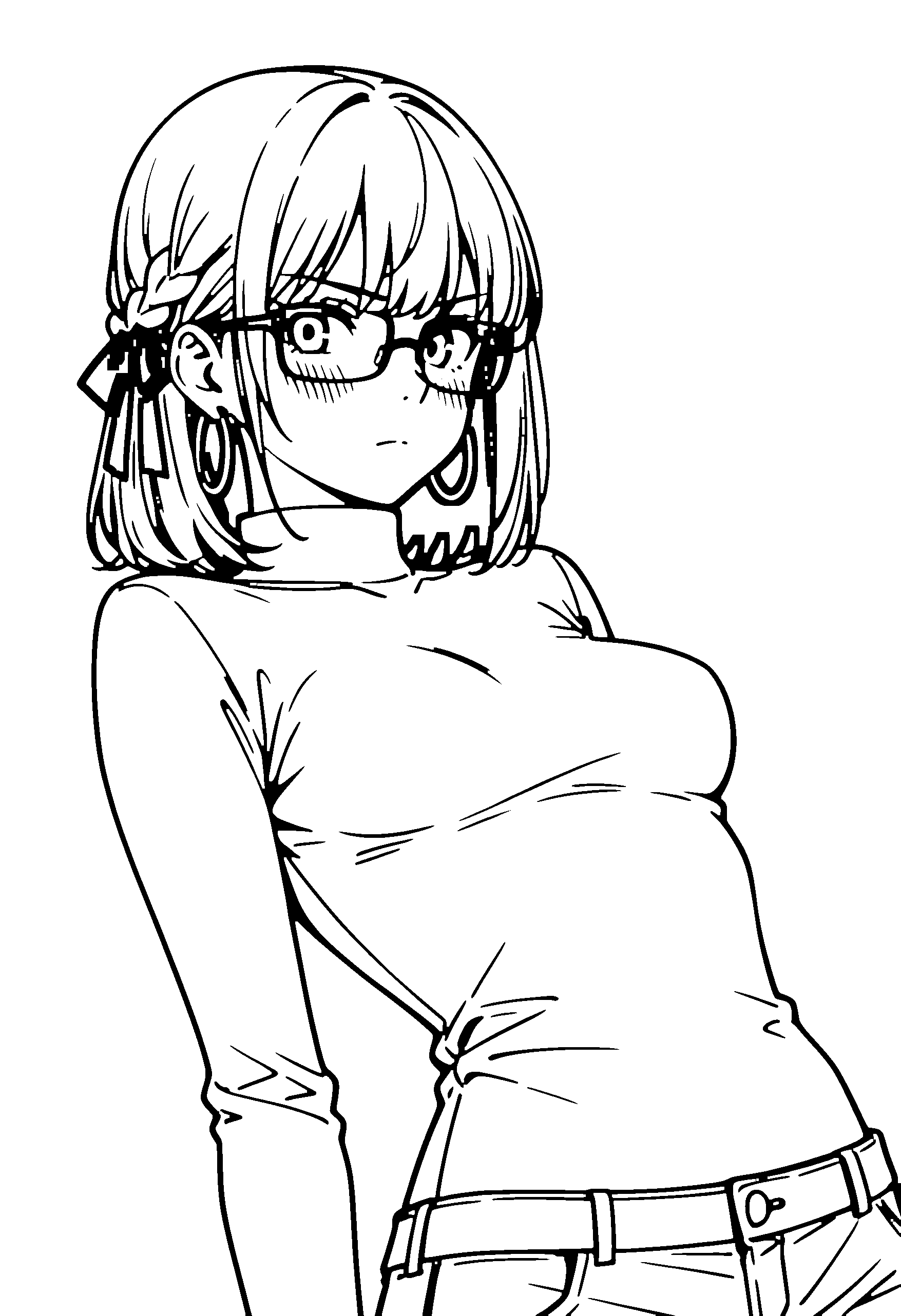 Black and white line art coloring page of an anime girl with medium hair, braid, turtleneck, glasses and serious