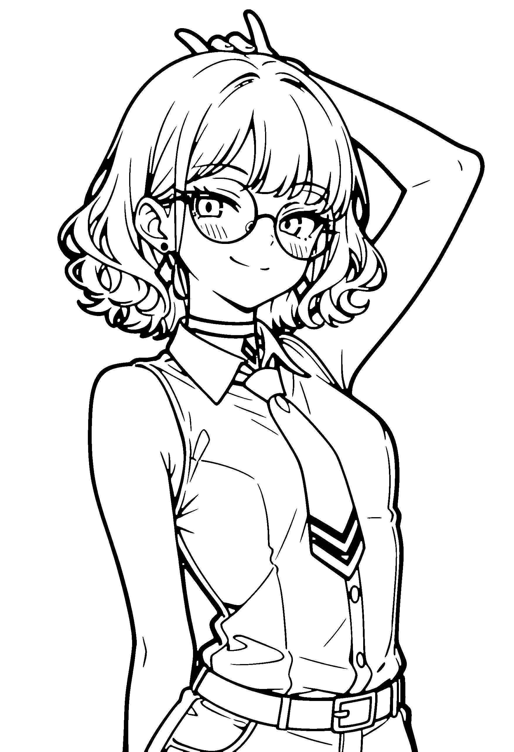Black and white line art coloring page of an anime girl with medium hair, wavy hair, shirt, glasses, choker and smiling