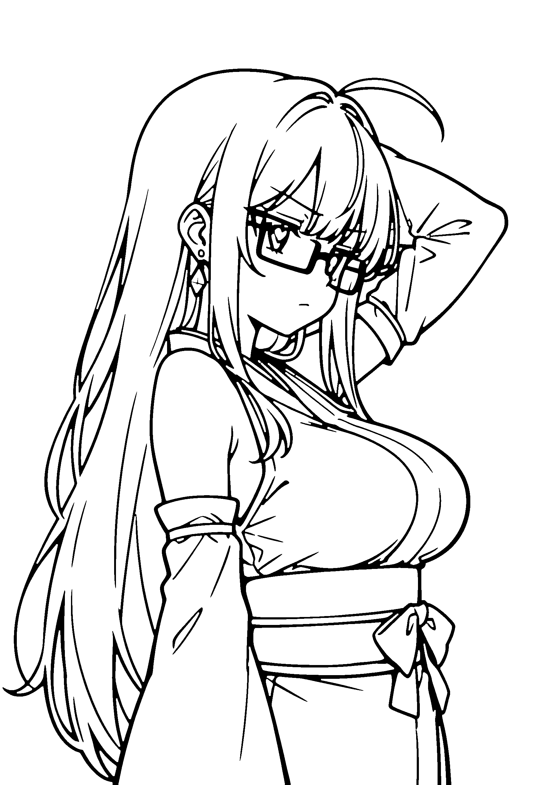 Black and white line art coloring page of an anime girl with long hair, kimono, glasses and frowning