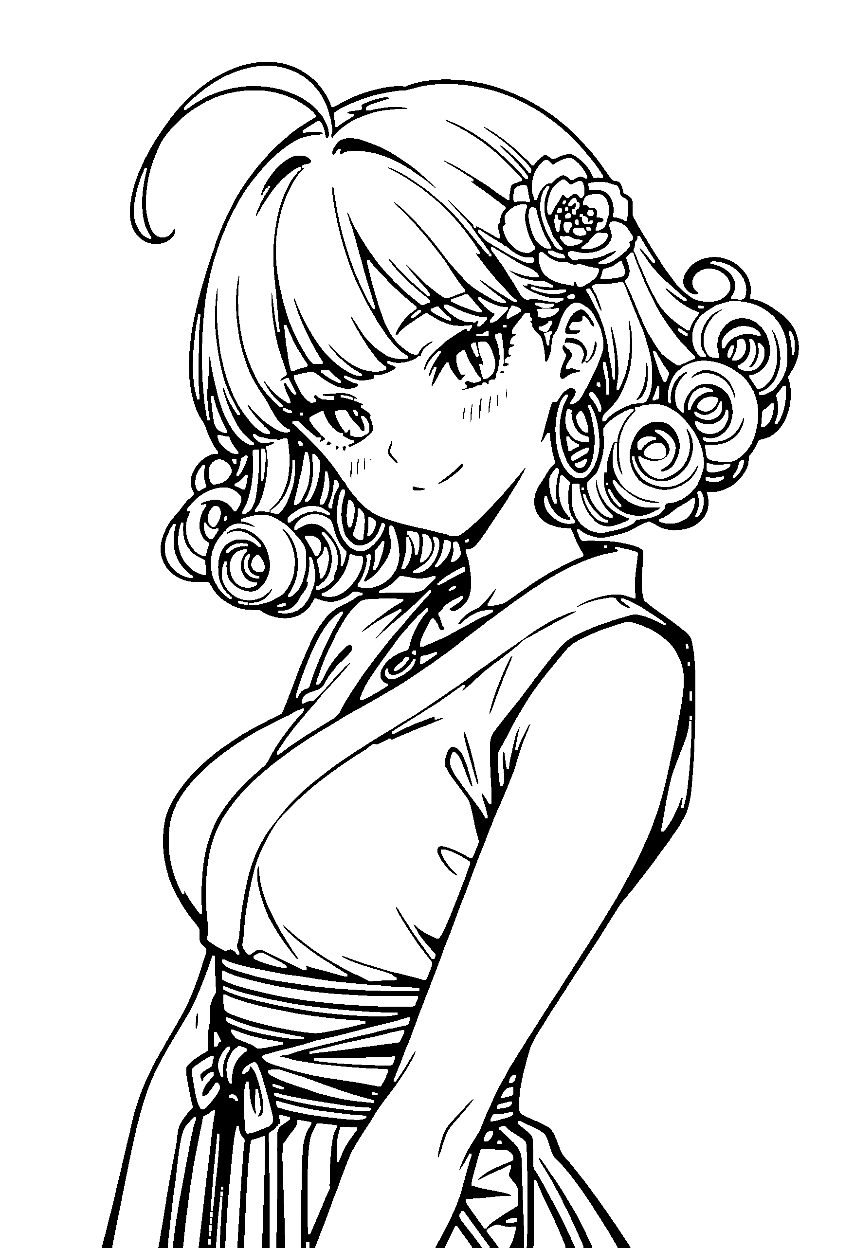 Black and white line art coloring page of an anime girl with medium hair, curly hair, kimono, hair flower, necklace and smiling