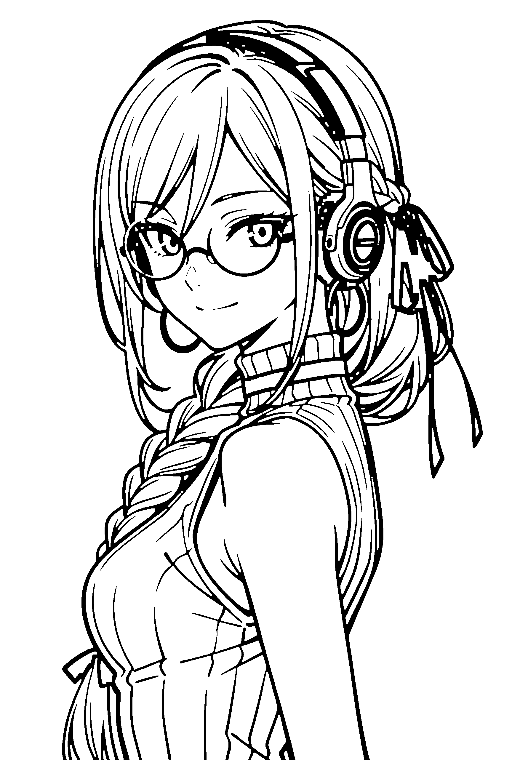 Black and white line art coloring page of an anime girl with long hair, braid, turtleneck, headphones, glasses, choker and smiling