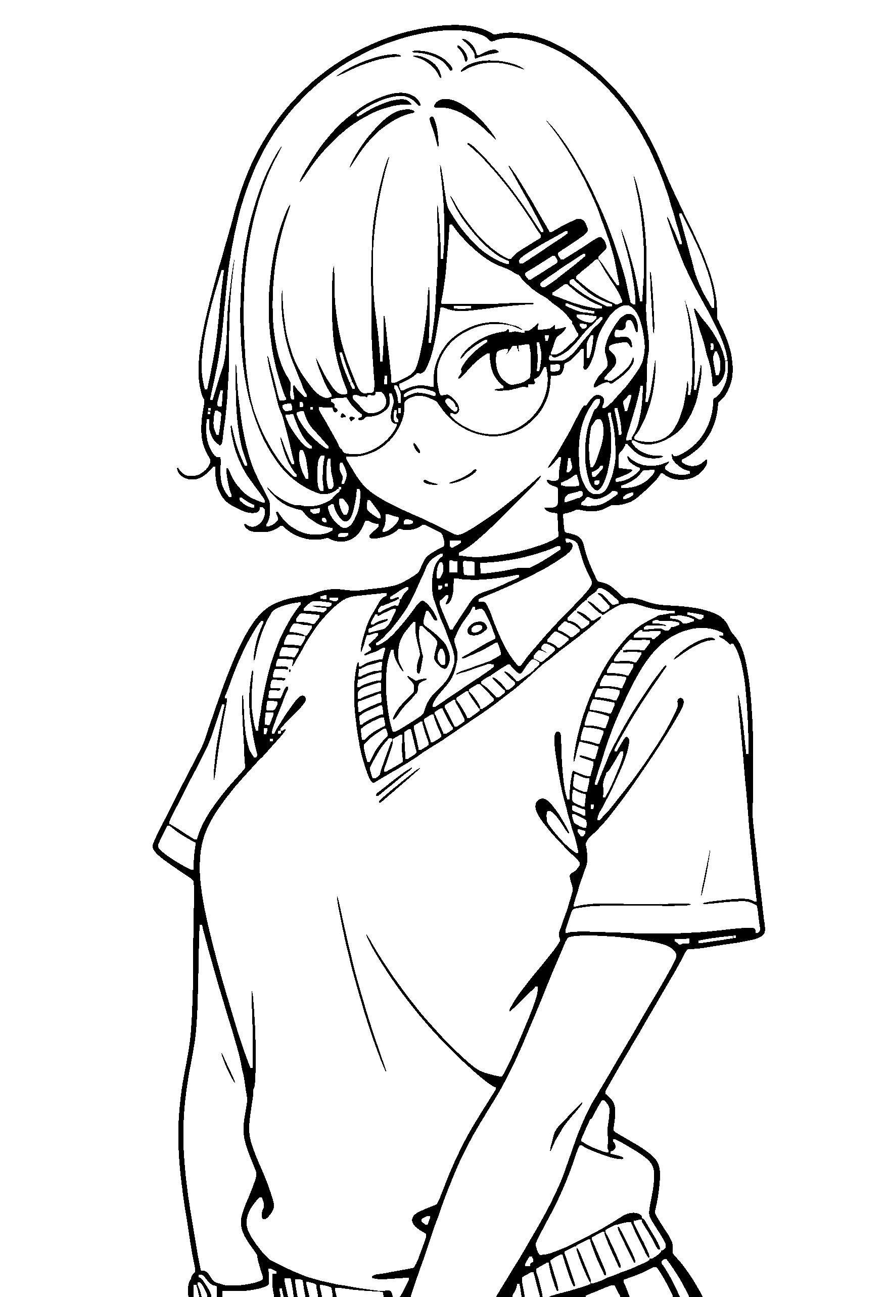 Black and white line art coloring page of an anime girl with bob cut, wavy hair, sweater vest, glasses, choker and shy