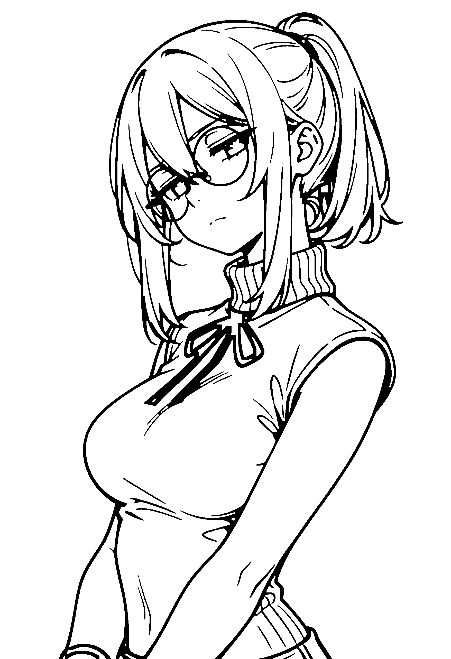 Black and white line art coloring page of an anime girl with medium hair, ponytail, turtleneck, glasses, ribbon and frowning