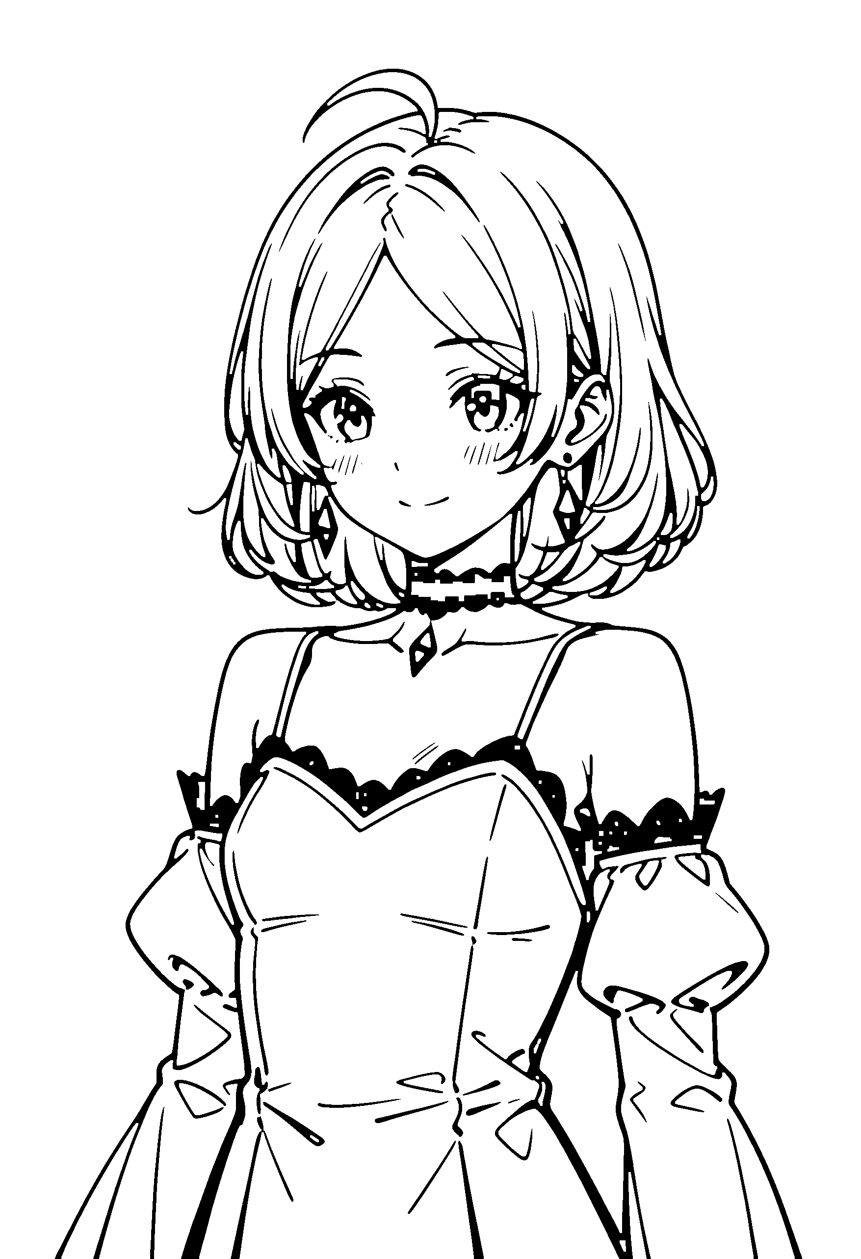Black and white line art coloring page of an anime girl with medium hair, dress, choker and smiling