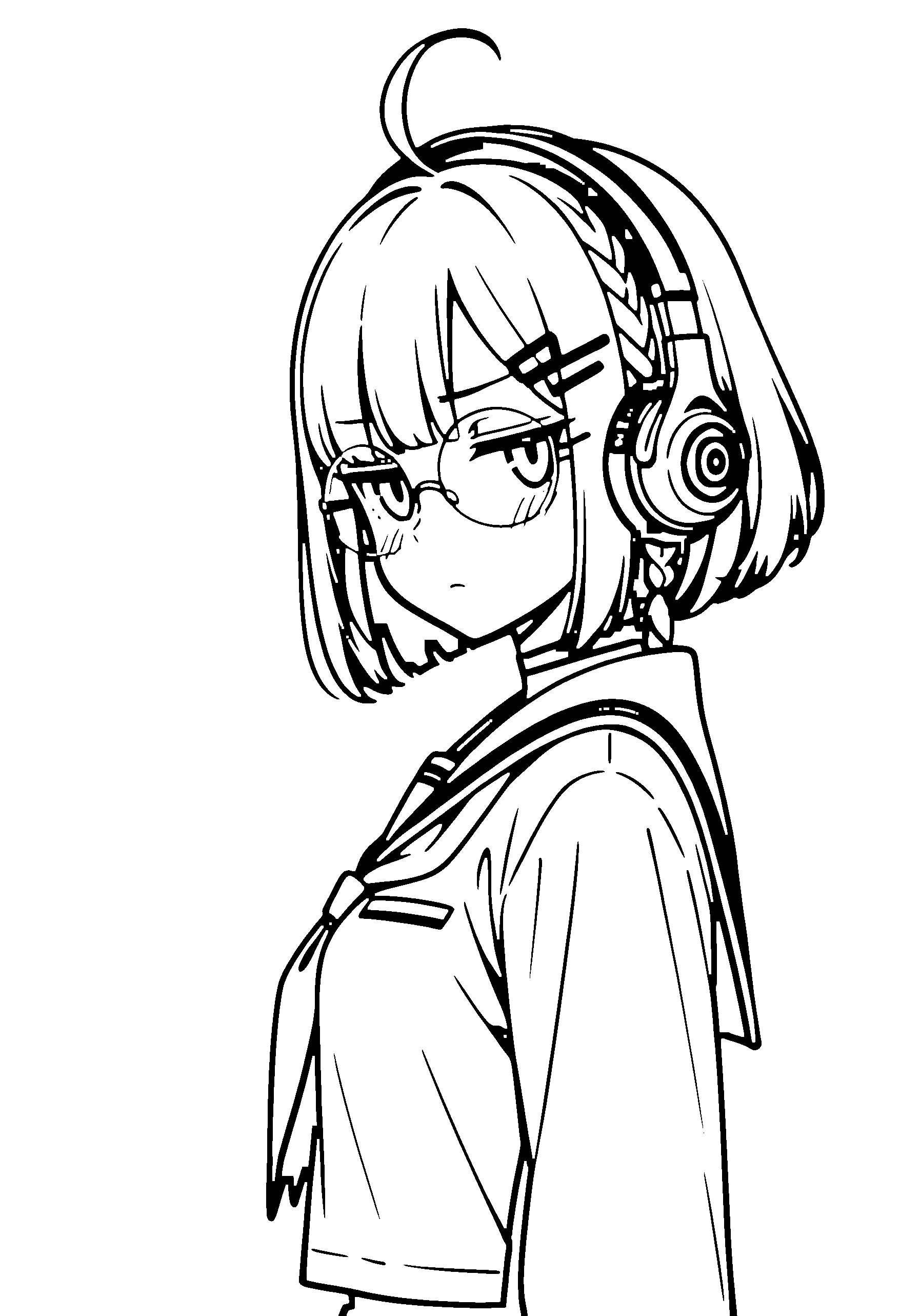 Black and white line art coloring page of an anime girl with bob cut, braid, school uniform, headphones, glasses, choker and frowning