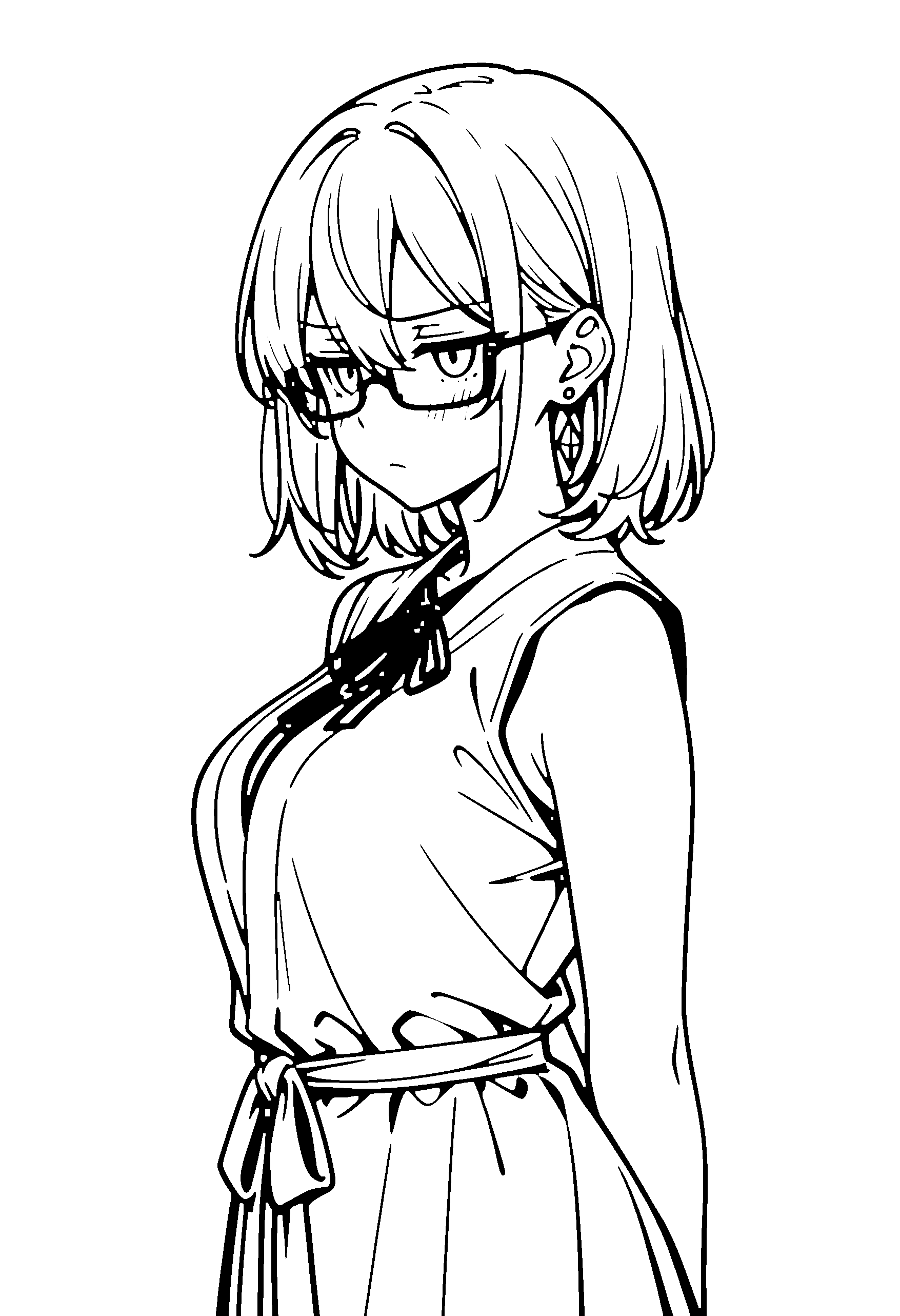 Black and white line art coloring page of an anime girl with medium hair, robe, glasses, ribbon and frowning