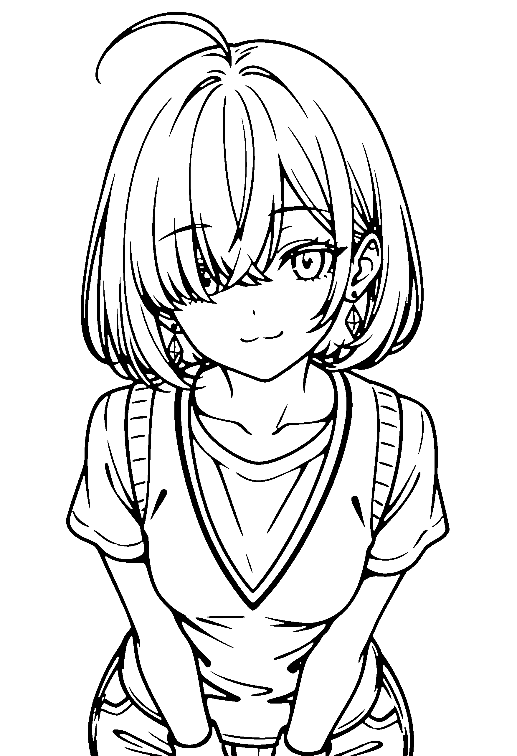Black and white line art coloring page of an anime girl with bob cut, vest and smiling