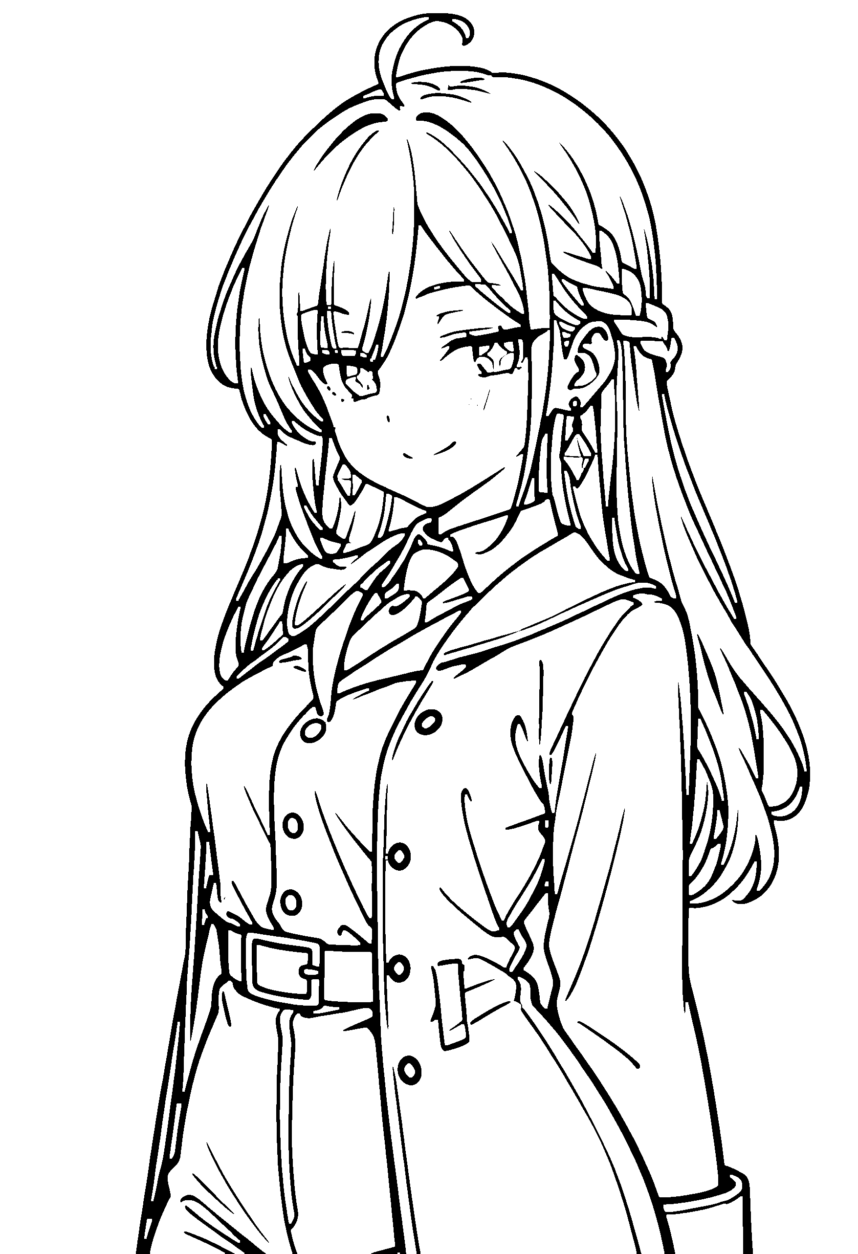 Black and white line art coloring page of an anime girl with long hair, braid, collared shirt and smiling