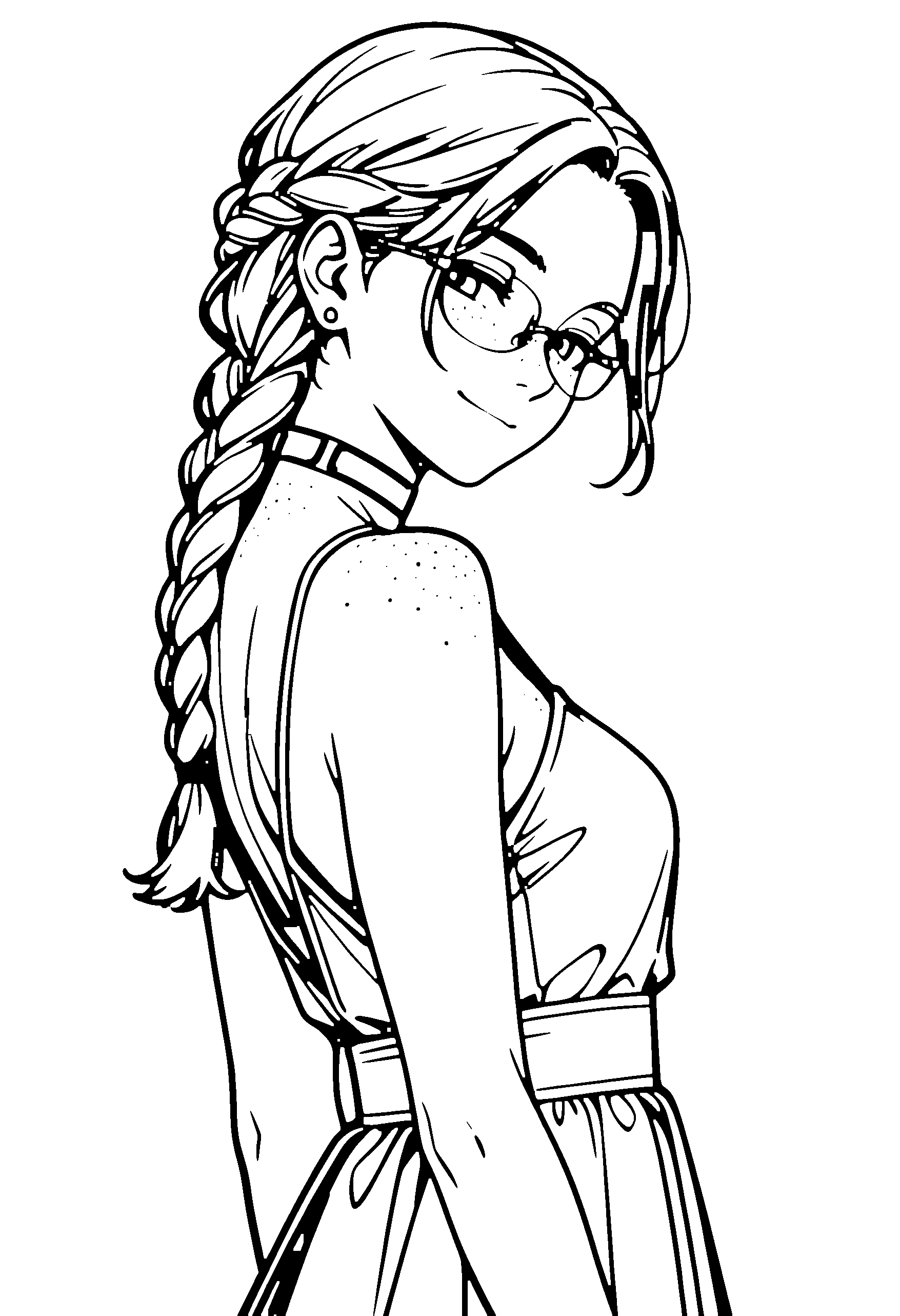 Black and white line art coloring page of an anime girl with long hair, braid, dress, glasses, choker and smiling