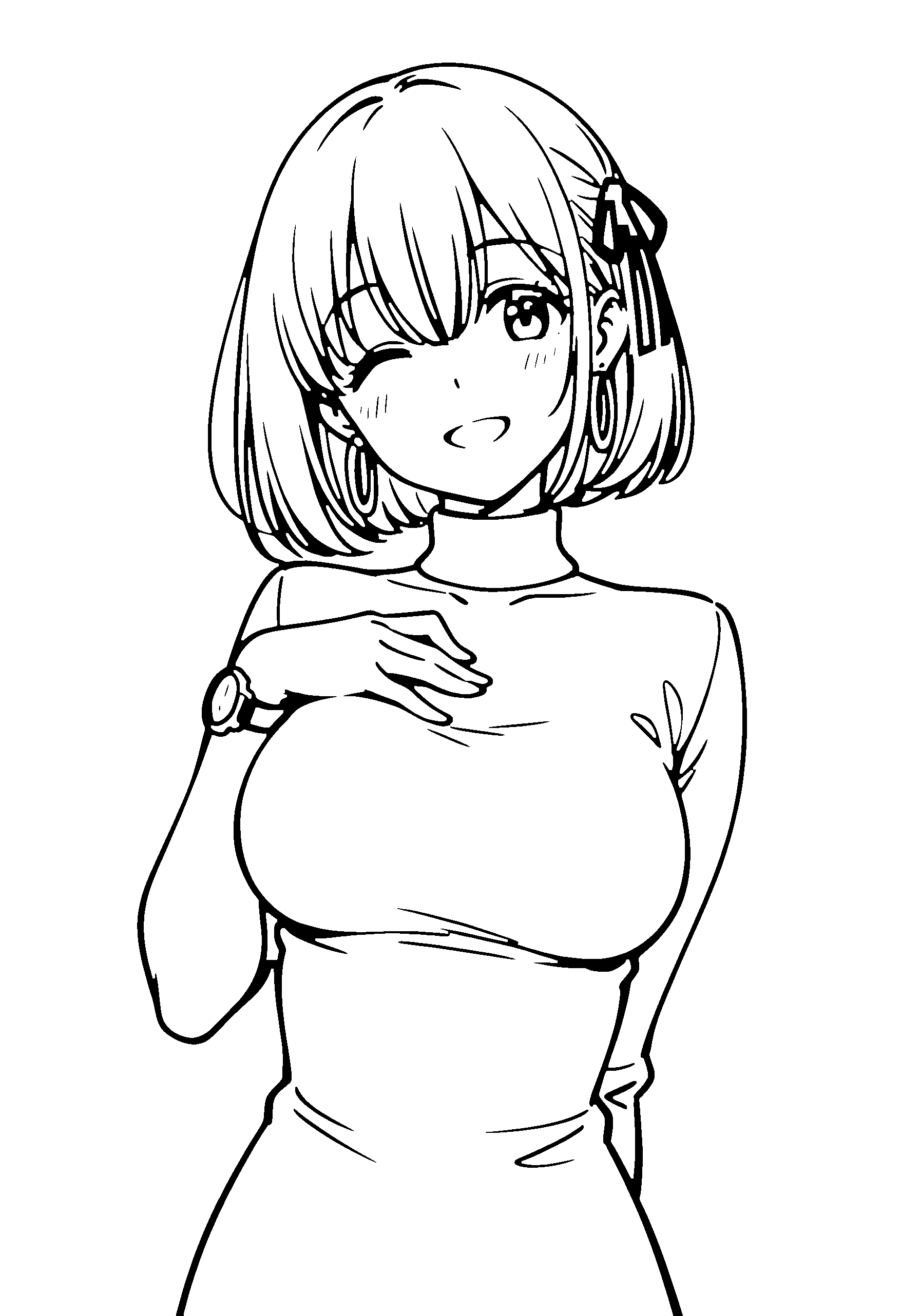 Black and white line art coloring page of an anime girl with bob cut, turtleneck, choker and smiling