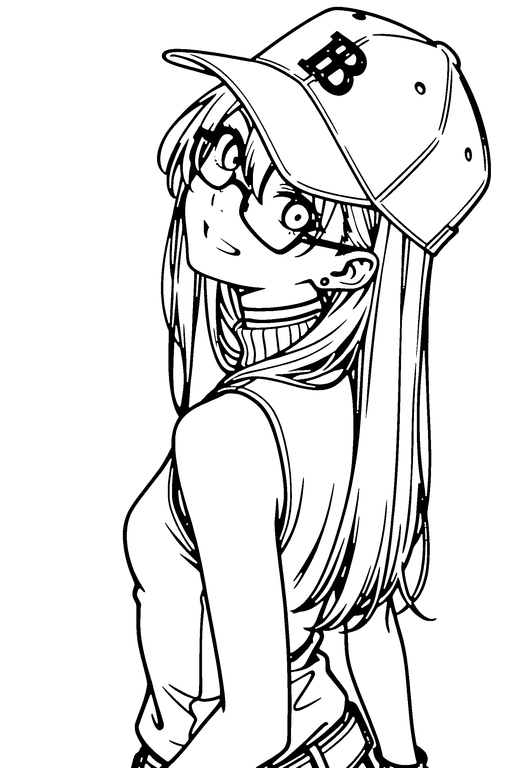 Black and white line art coloring page of an anime girl with long hair, turtleneck, cap, glasses, choker and grinning