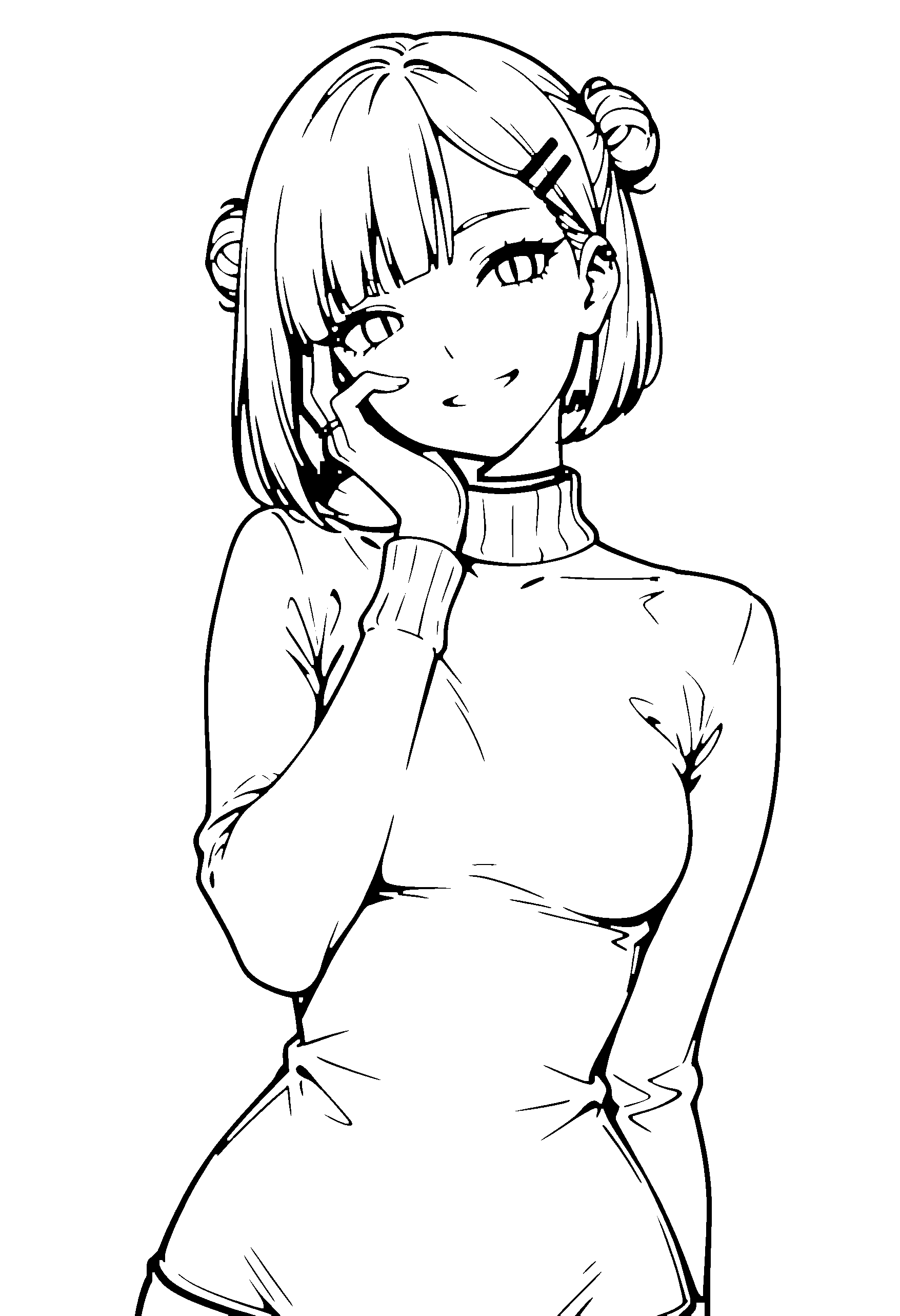 Black and white line art coloring page of an anime girl with bob cut, hair bun, turtleneck, choker and grinning