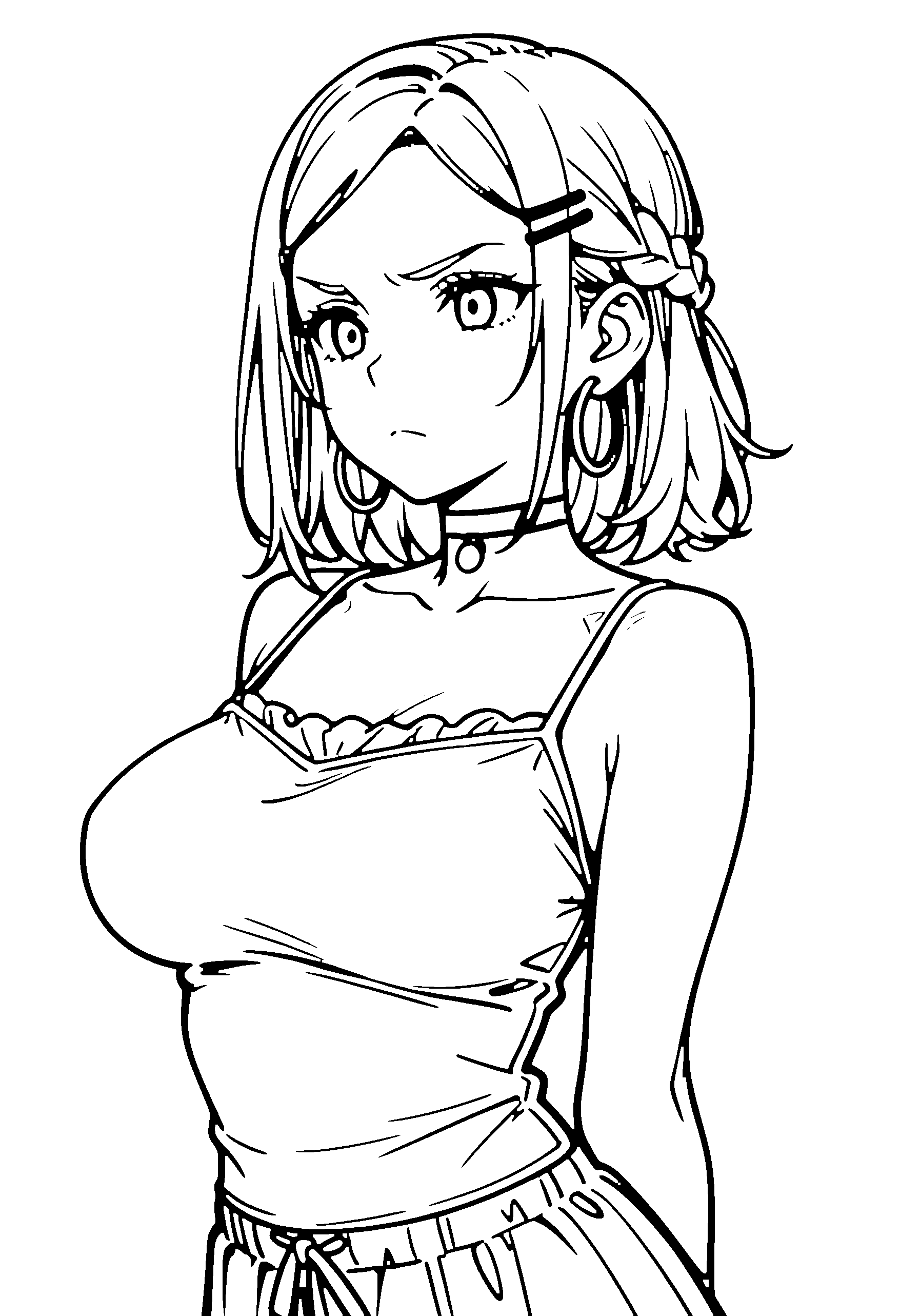Black and white line art coloring page of an anime girl with medium hair, braid, camisole, choker and frowning