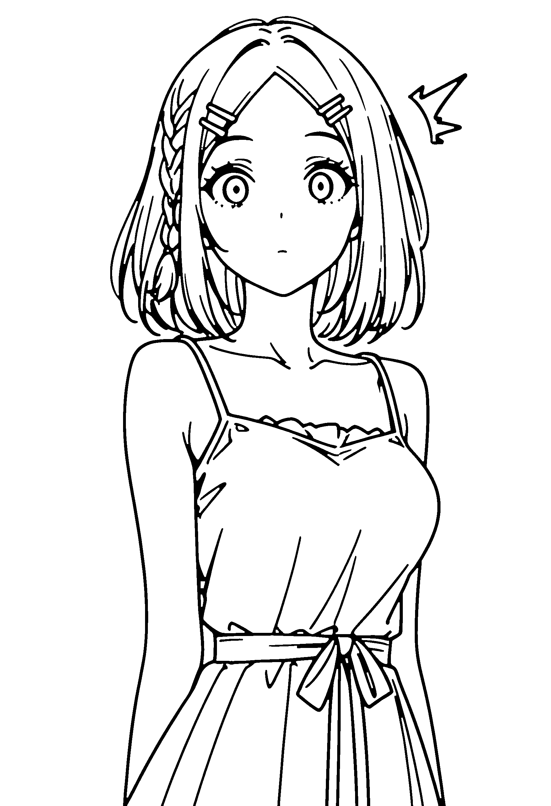 Black and white line art coloring page of an anime girl with medium hair, braid, dress and surprised