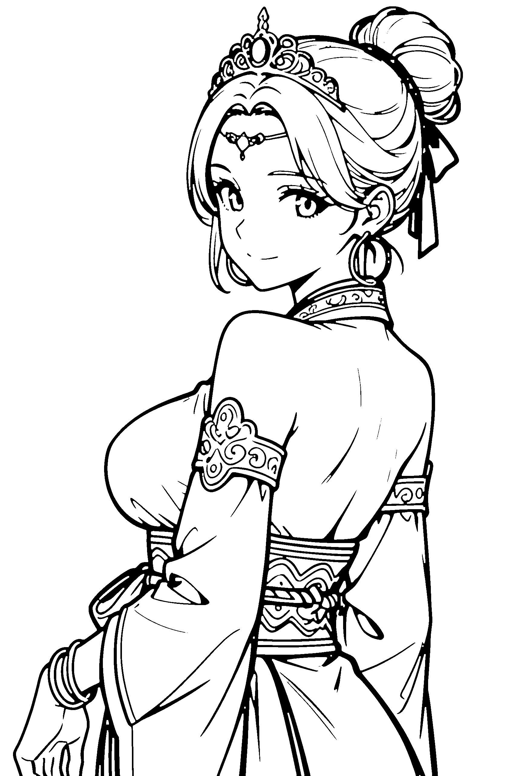 Black and white line art coloring page of an anime girl with medium hair, hair bun, kimono, tiara and smiling