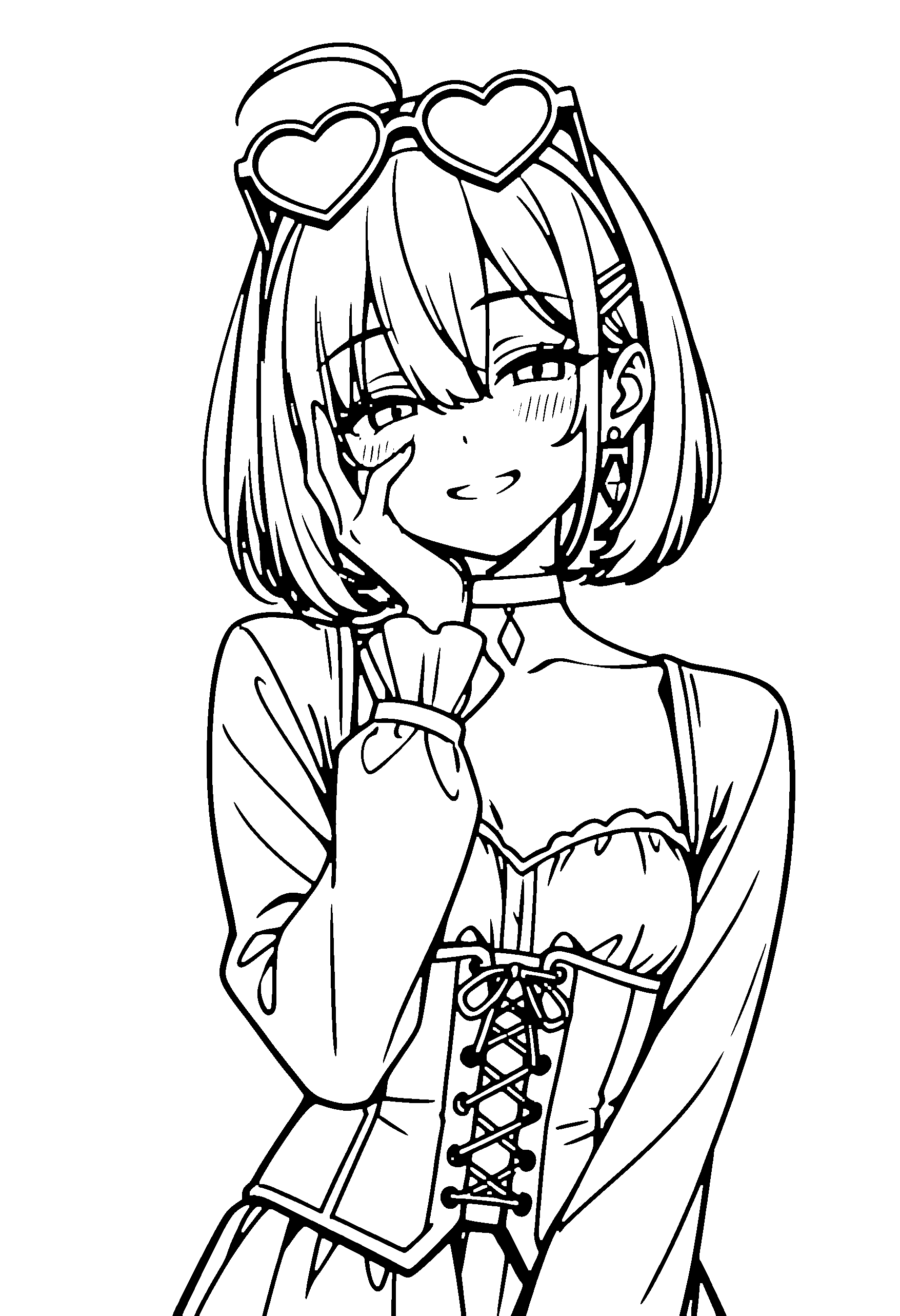 Black and white line art coloring page of an anime girl with bob cut, corset, headband, glasses, choker and grinning