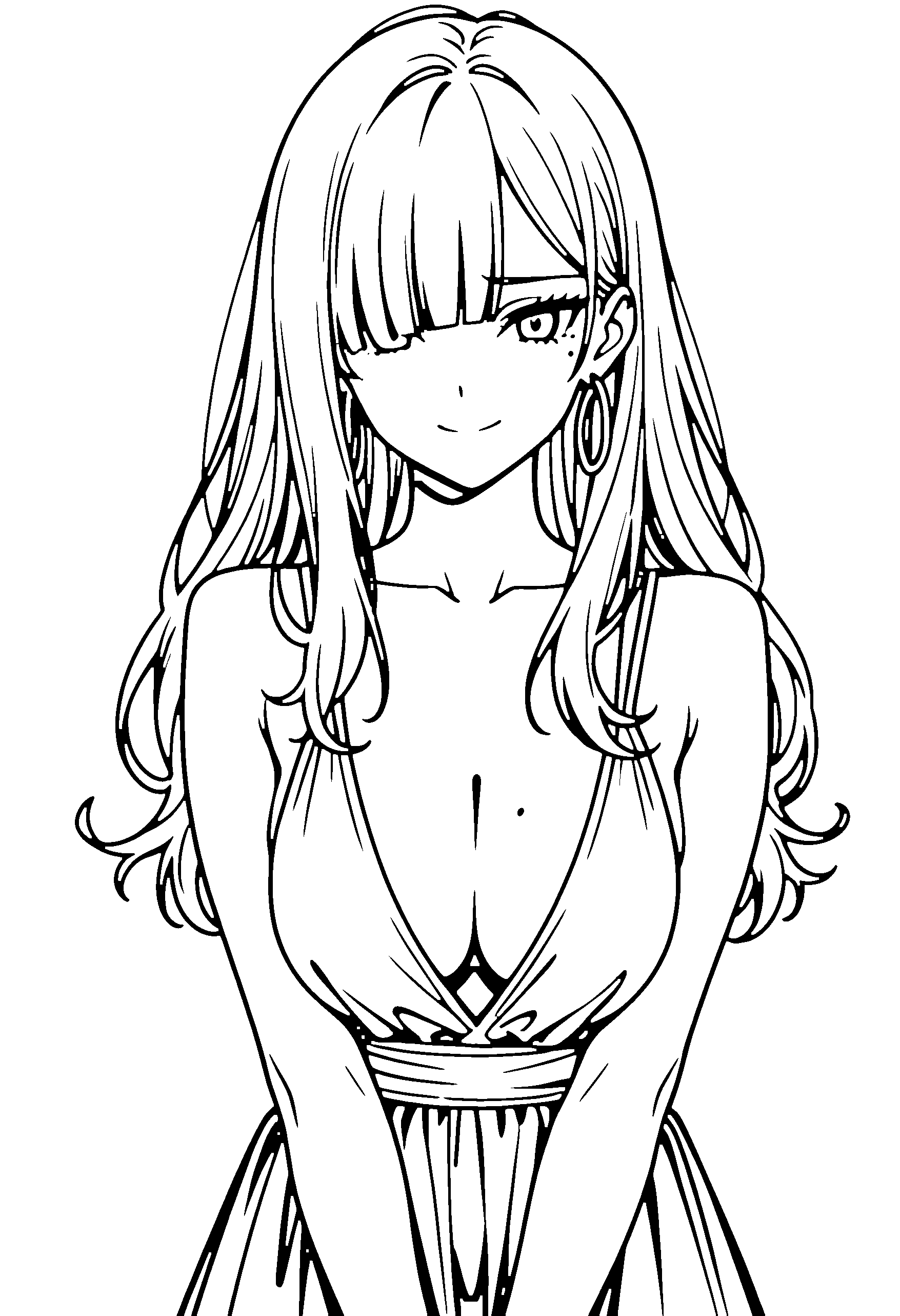 Black and white line art coloring page of an anime girl with long hair, dress and shy