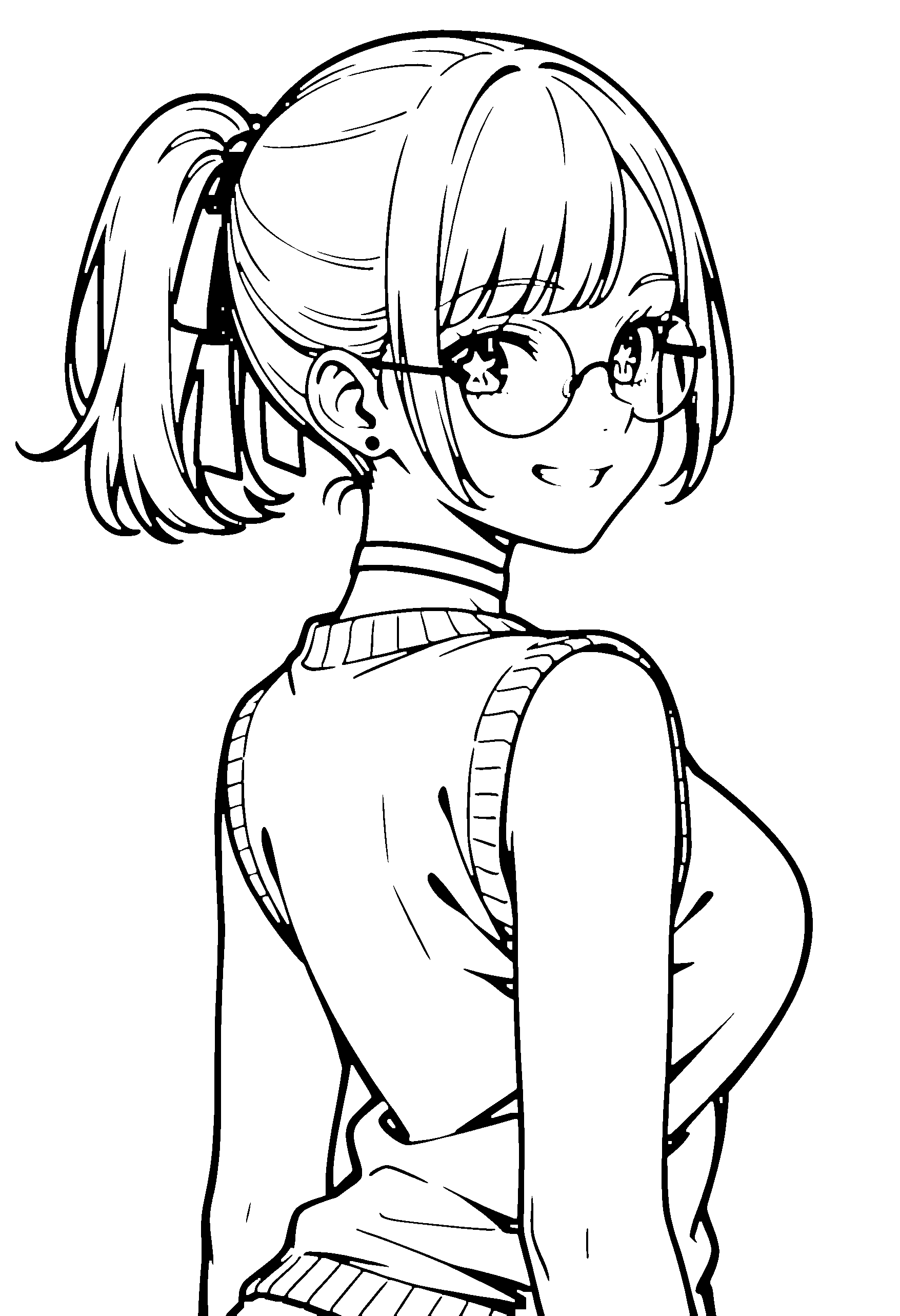 Black and white line art coloring page of an anime girl with bob cut, ponytail, sweater vest, glasses, choker and grinning