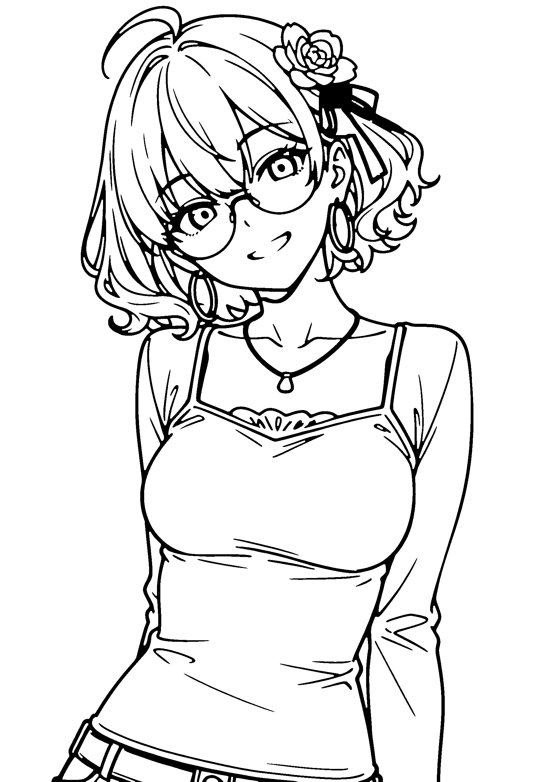 Black and white line art coloring page of an anime girl with bob cut, wavy hair, camisole, hair flower, glasses, necklace and grinning