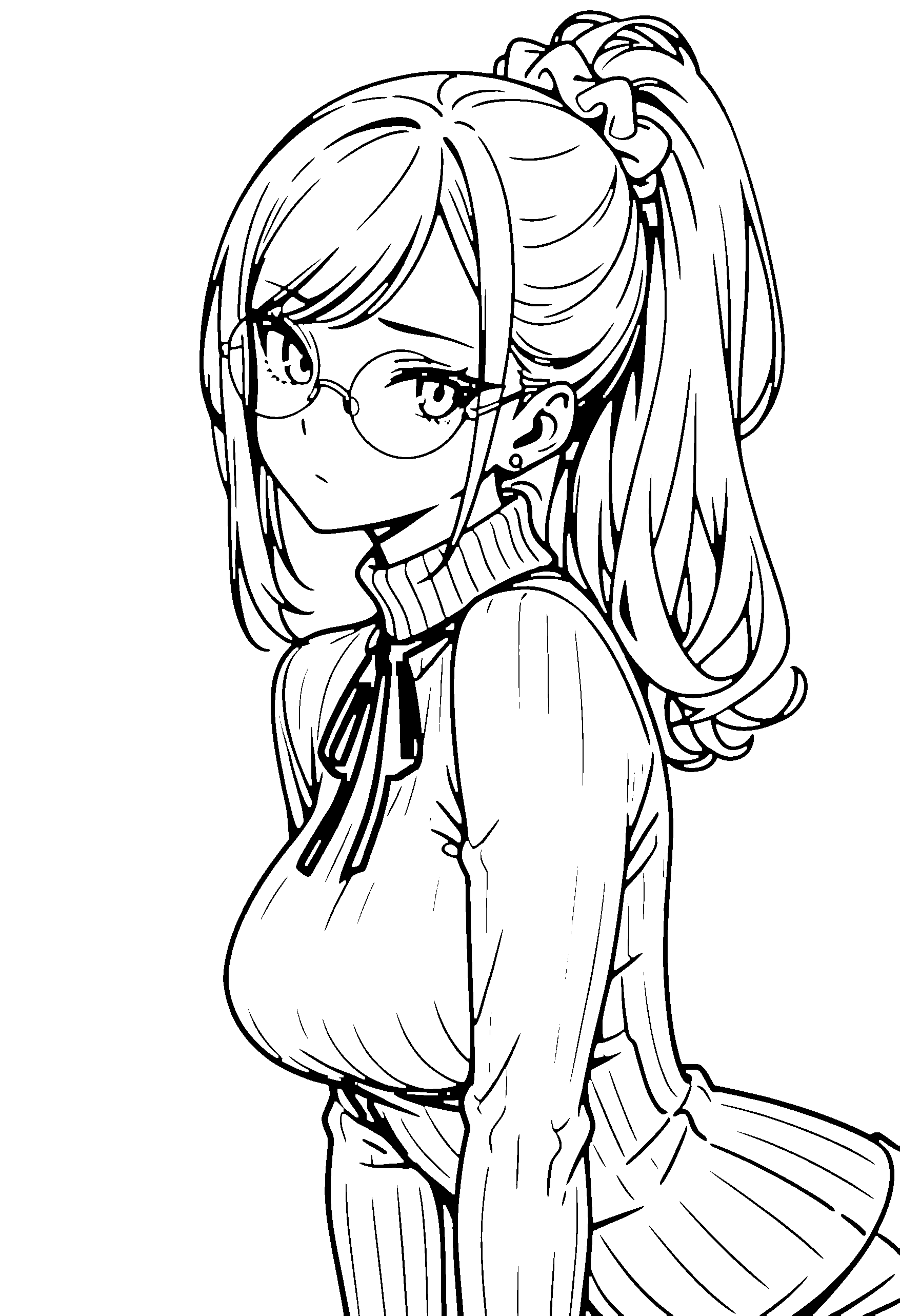 Black and white line art coloring page of an anime girl with long hair, ponytail, turtleneck, glasses, ribbon and shy