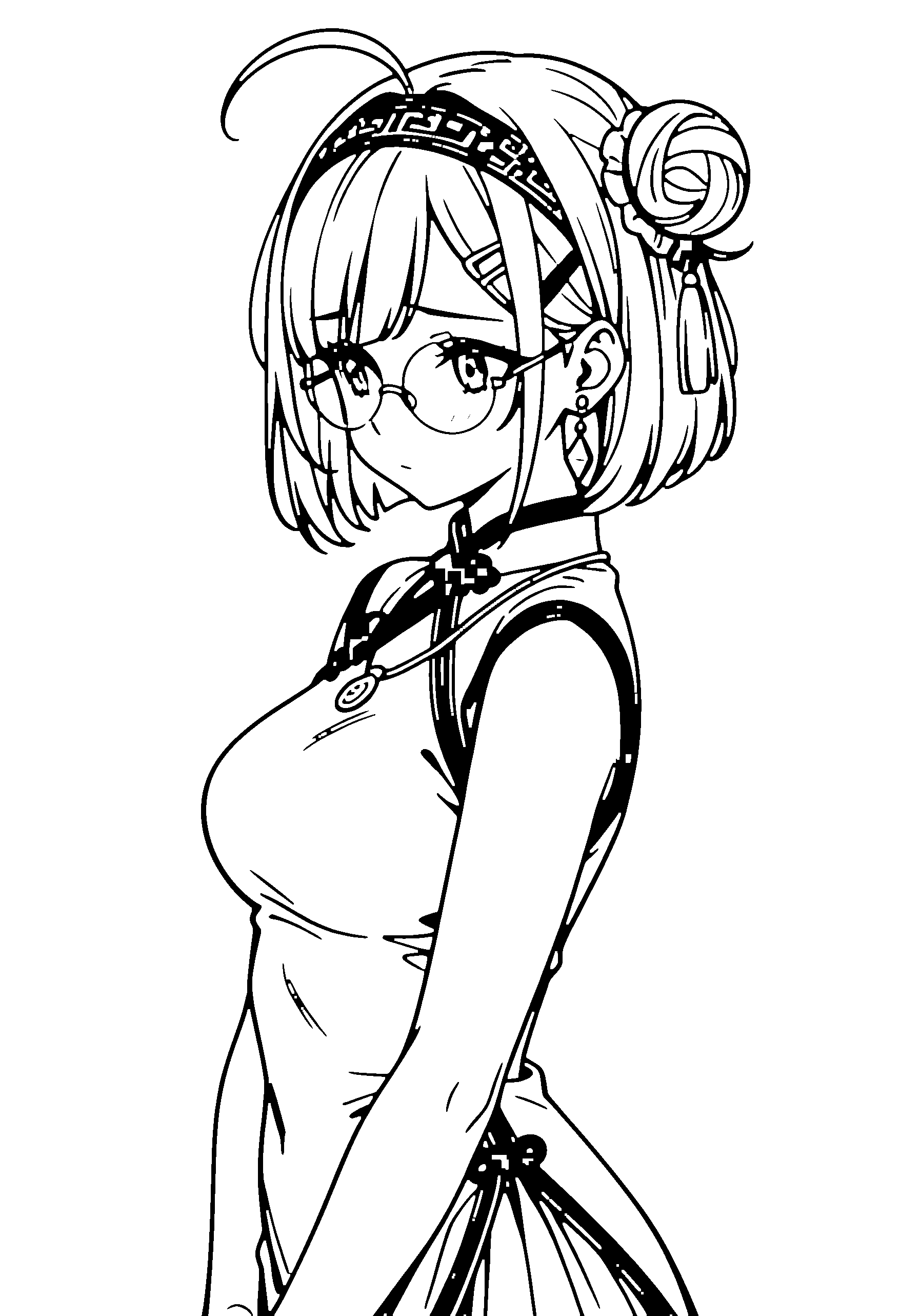 Black and white line art coloring page of an anime girl with bob cut, hair bun, chinese dress, headband, glasses, necklace and shy