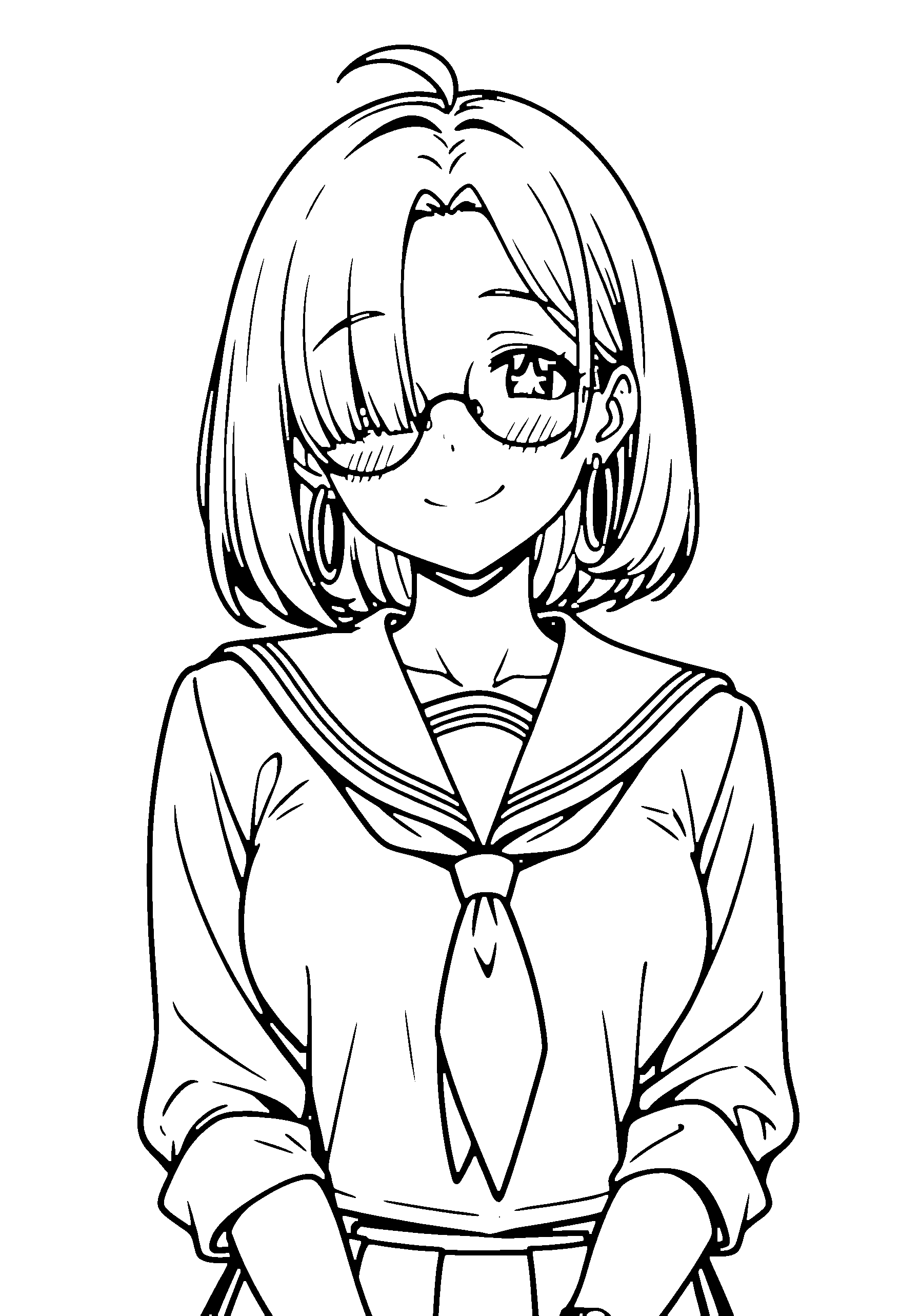 Black and white line art coloring page of an anime girl with medium hair, school uniform, glasses and smiling