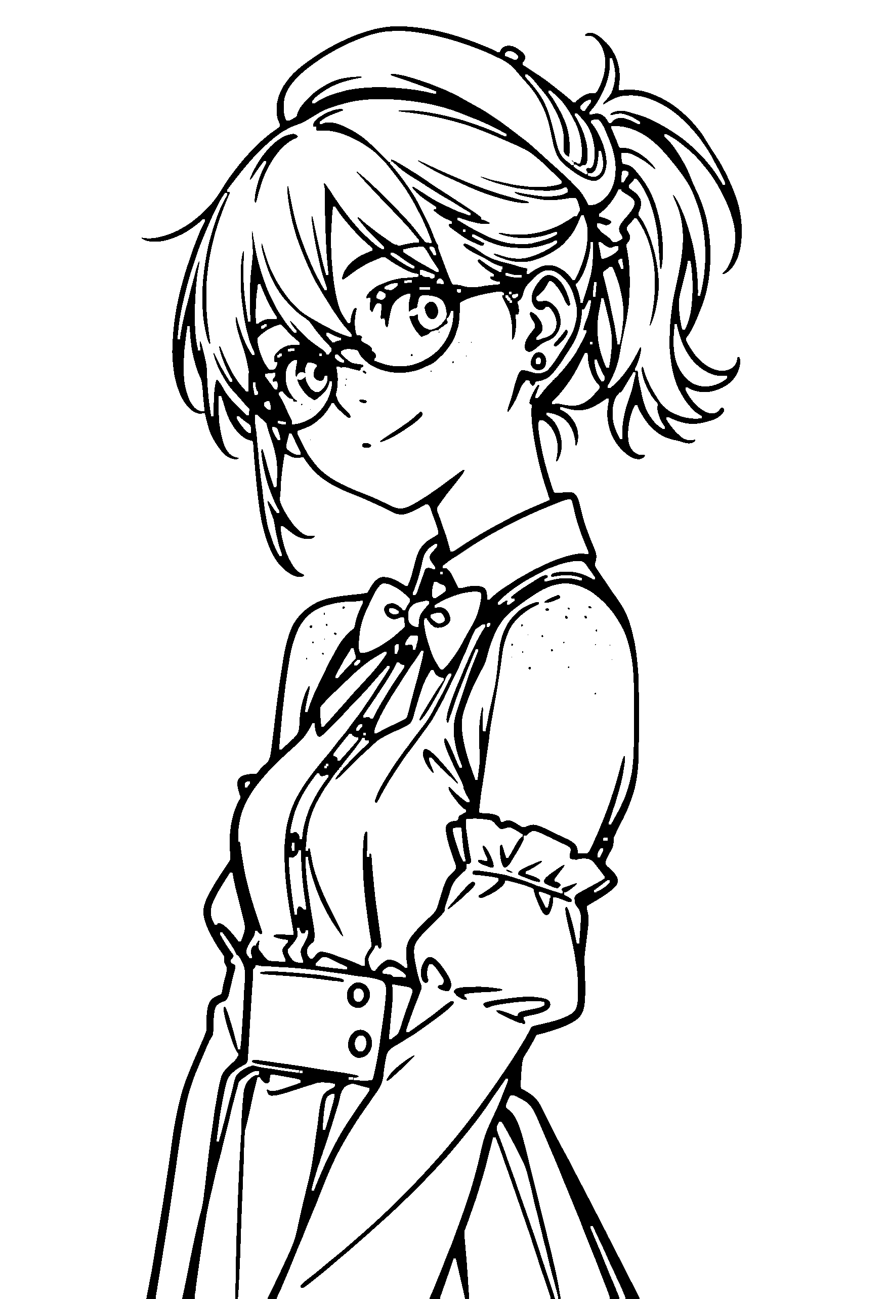 Black and white line art coloring page of an anime girl with medium hair, ponytail, dress, beret, glasses, bow tie and smiling